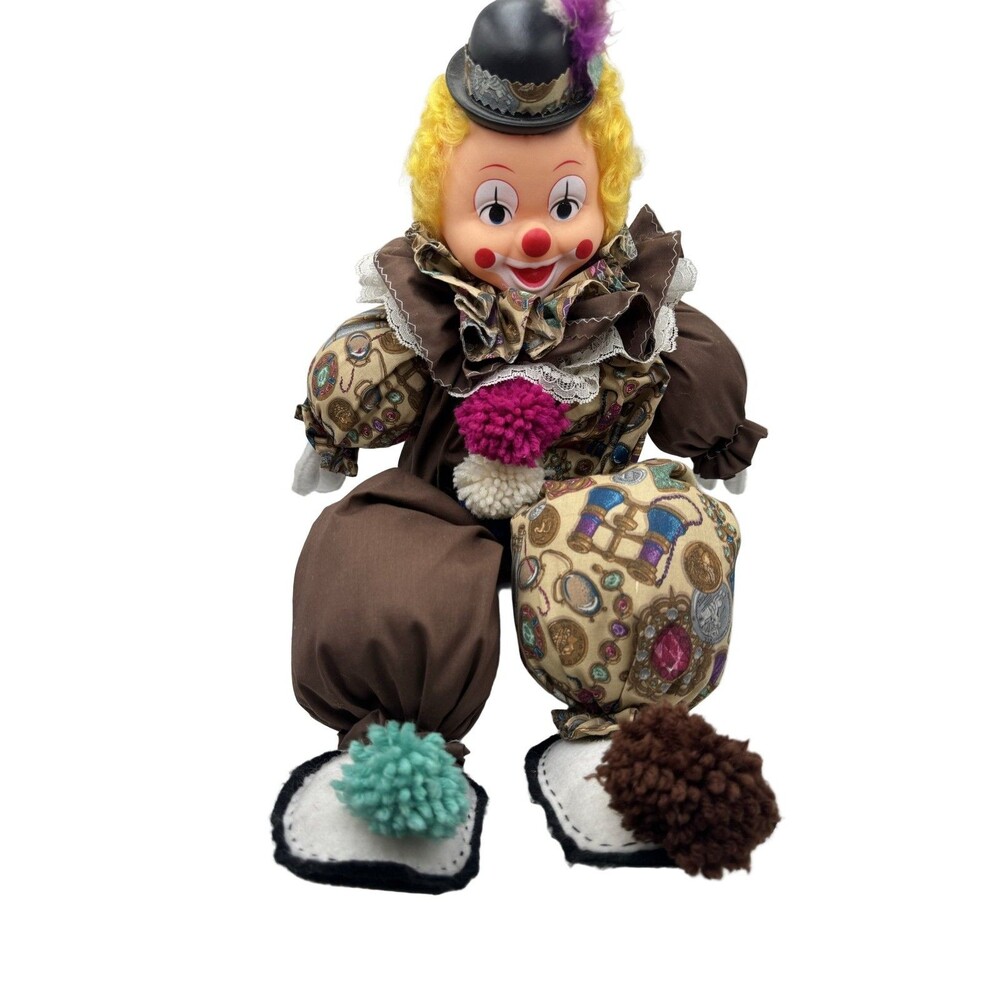 Clown Doll Yellow Hair Vintage Porcelain-Style Fabric Pom-poms Lace Hat Feather